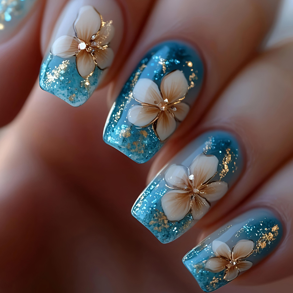 Pressed Flower Art - 24 pièces/seste faux ongles courts moyens